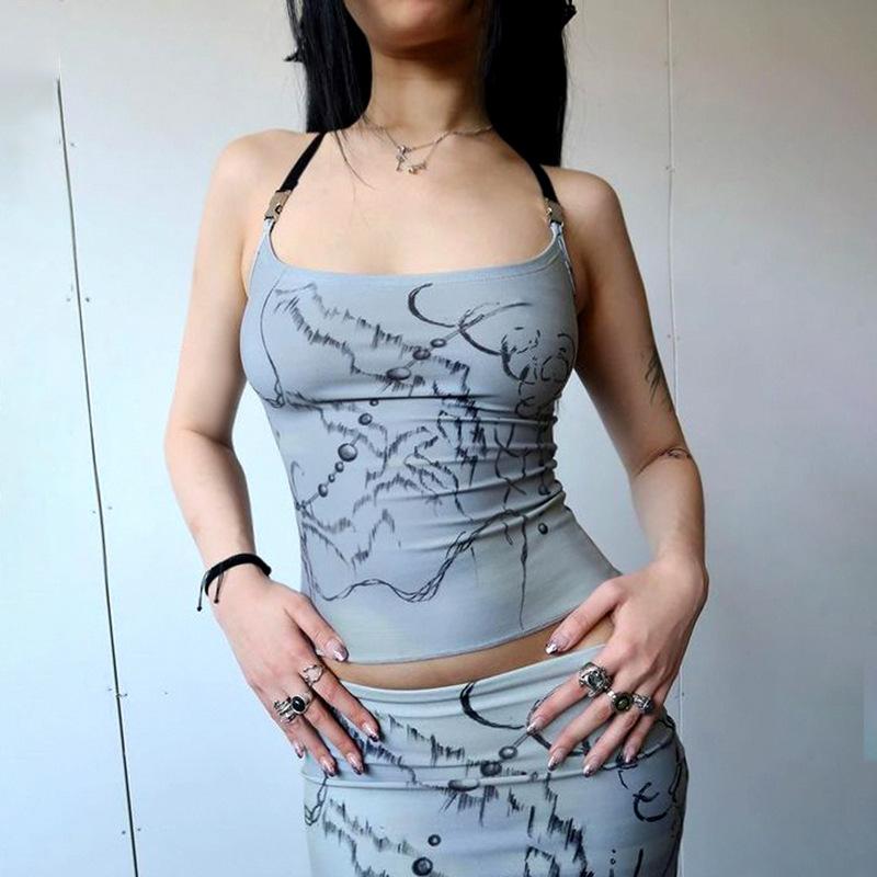 

Женский укороченный топ без рукавов с принтом Y2K, бретелька с перекрестной пряжкой на спине, тонкий винтажный уличный жилет на бретелях