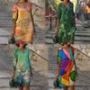 Summer Multicolored Printing Rendering Fashion V-neck Medium Sleeve Middle Waist Pullover A-shaped Dress Dress
