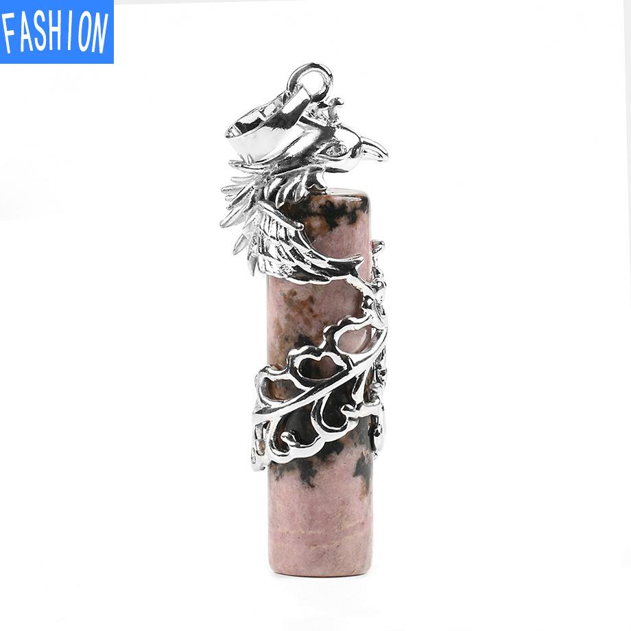 Creative Mascot Wrapped Natural Stone Cylindrical Pendant And Pink Crystal Necklace