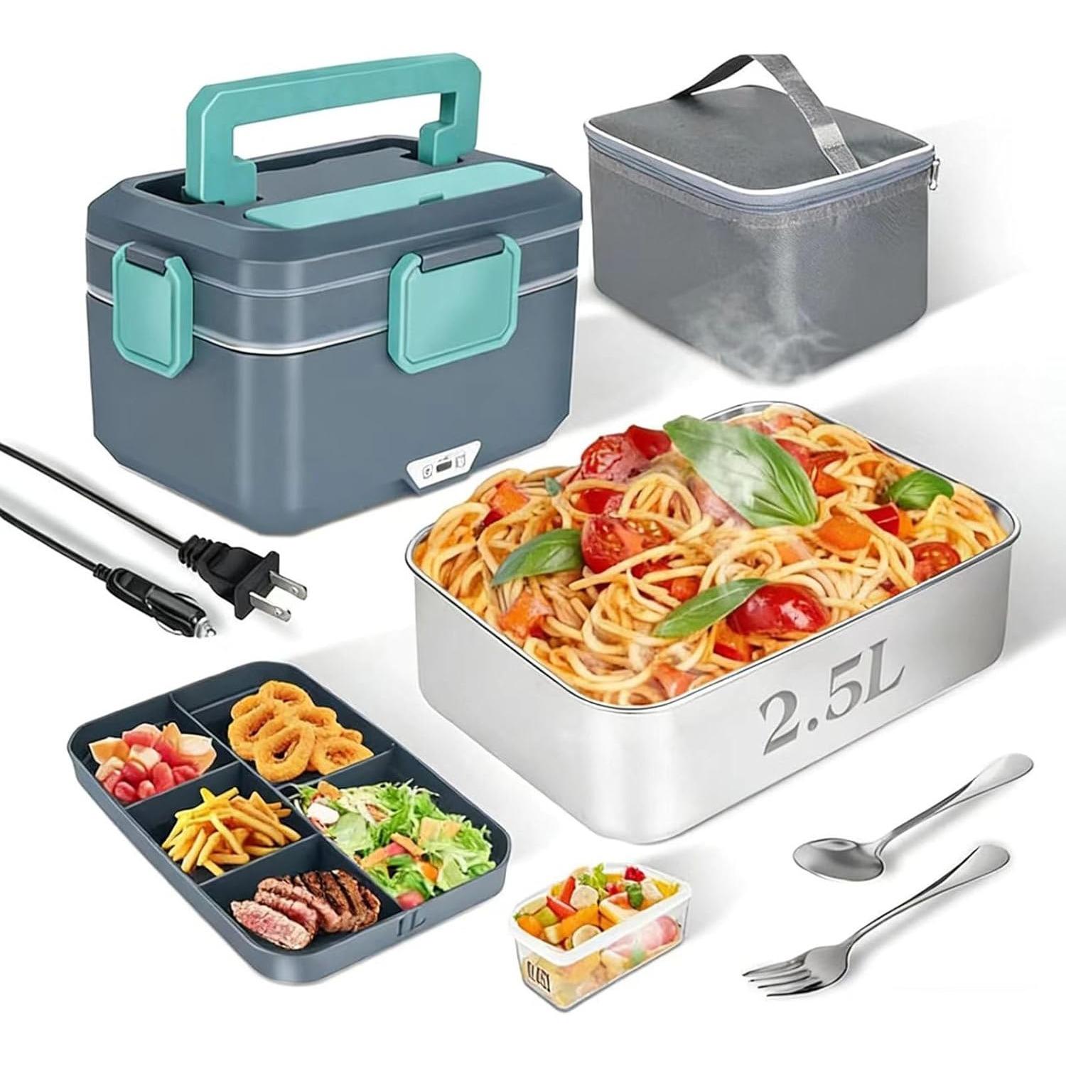 90W Electric Lunch Box, Heated Lunch Box, 3.5L 2-Layer Portable Heated Lunch Box (2.5L 304 SS & 1L PP Fruit Container) Lunch Box Warmer for Adults