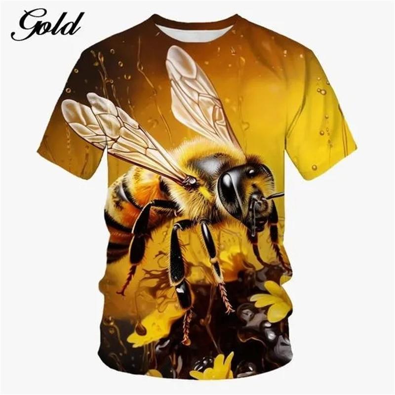 Summer Round Neck 3D Honeybee Pattern Print Top Fashionable Casual Short Sleeved Men's T-shirts