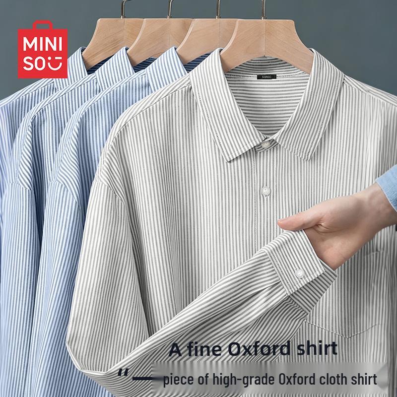 MINISO Men s Loose Casual Striped Cuban Collar Long Sleeve Shirt 3XL