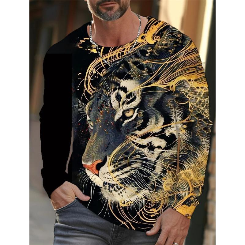 Tiger Muster 3D Druck Langarm T-Shirt Casual Mode Tier Design Streetwear Herren T-Shirts