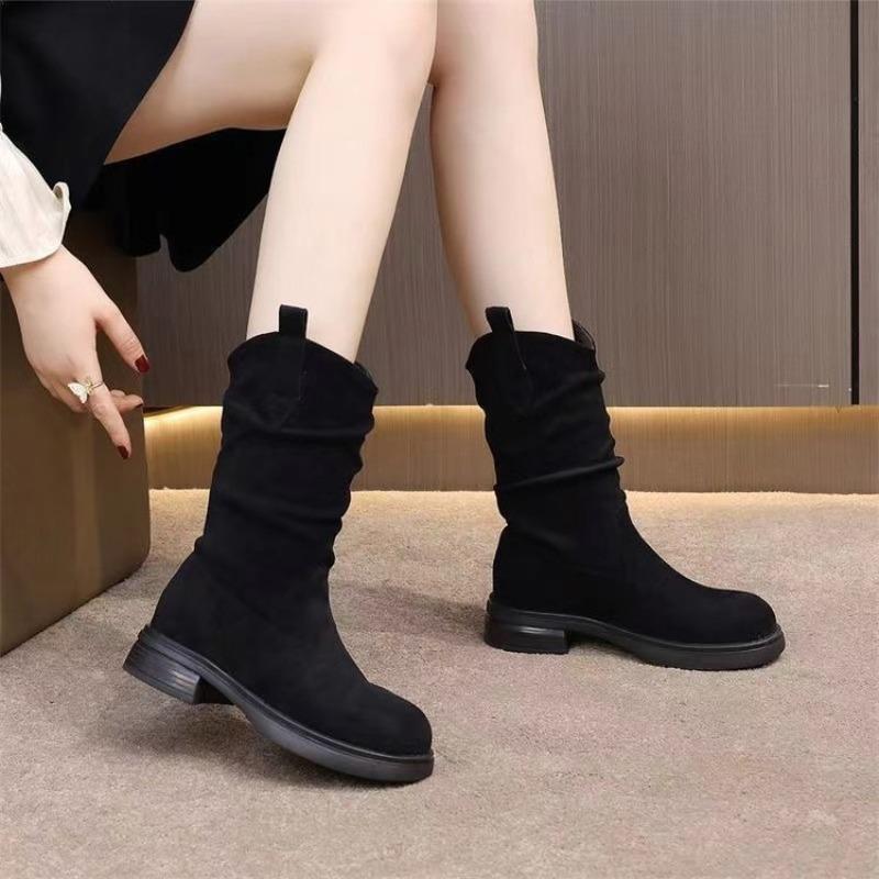 Versatile Thick-soled Non-slip High Boots Women's Winter Velvet Medium Boots Flat-bottomed Thin Boots Warm Elastic Fashion Boots