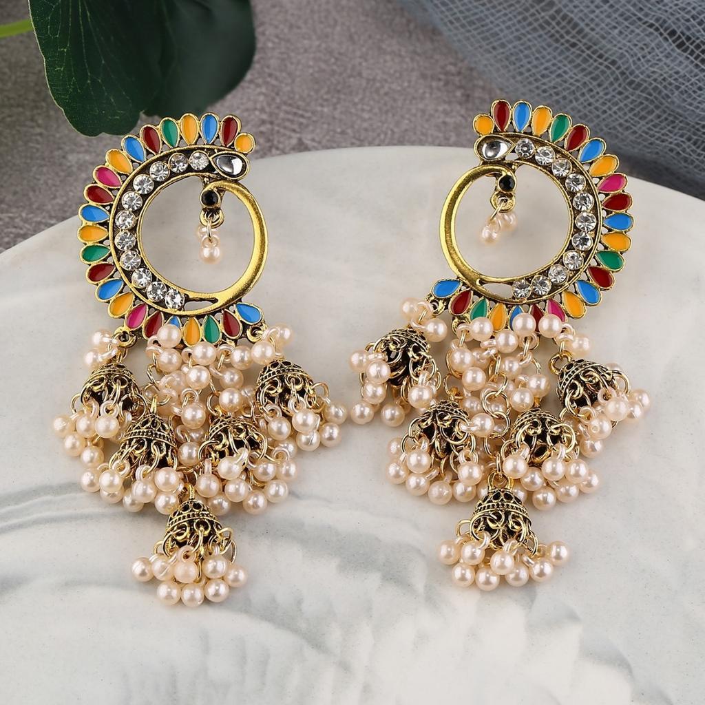 Oil Dripping Multi-color Ethnic Style Half-moon Indian Trendy Bell Ladies Earrings