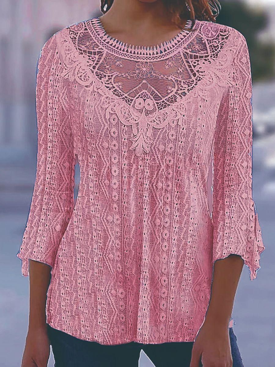 

Женские повседневные кружевные футболки с глубоким v-образным вырезом, удобные полые блузки с рукавами 3/4, нерегулярные блузки, женские элегантные лоскутные пуловеры, топы 4XL розовый