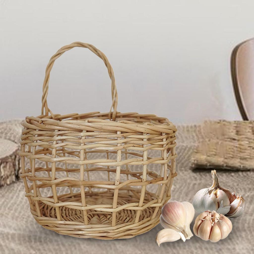 Woven Hanging Basket Holder with Handle Hanging Wall Basket Handmade Rattan Basket for Potato Pantry Onion Cabinet Garlic