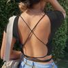 Open Back Crop Tops Summer Women Bandage Lace-up Backless Solid Pullover T Shirt Slim Tee