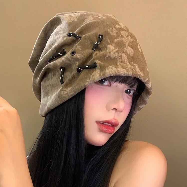Drawstring Tie-dye Pile Hat Children Tide Autumn and Winter Street Internet Celebrity Cold Hat Show Face Small Pullover Hat Retro Personality