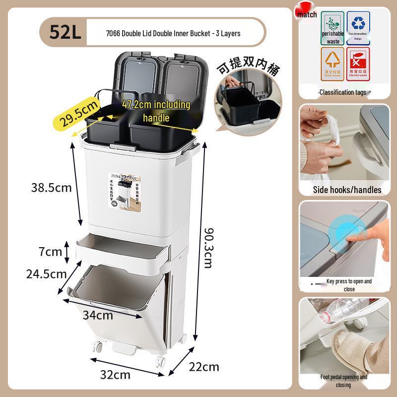 JEKO Elevated Kitchen Trash Can with Lid, Push-to-Open, Large Capacity, Double Layer for Dry/Wet Separation