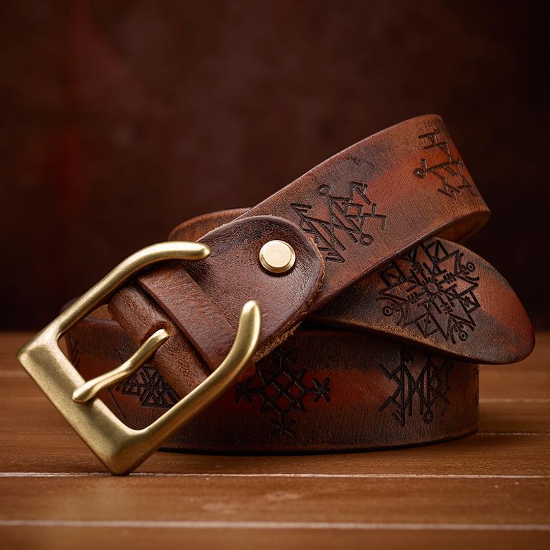 Genuine Leather Thickened Retro Cowhide Men s Belt - Handmade, Embossed, Casual, Versatile Jeans Waistband 110cm