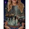 Retro Oil Painting Style Winter Night Print Top, Literary Round Neck Long-sleeved T-shirt