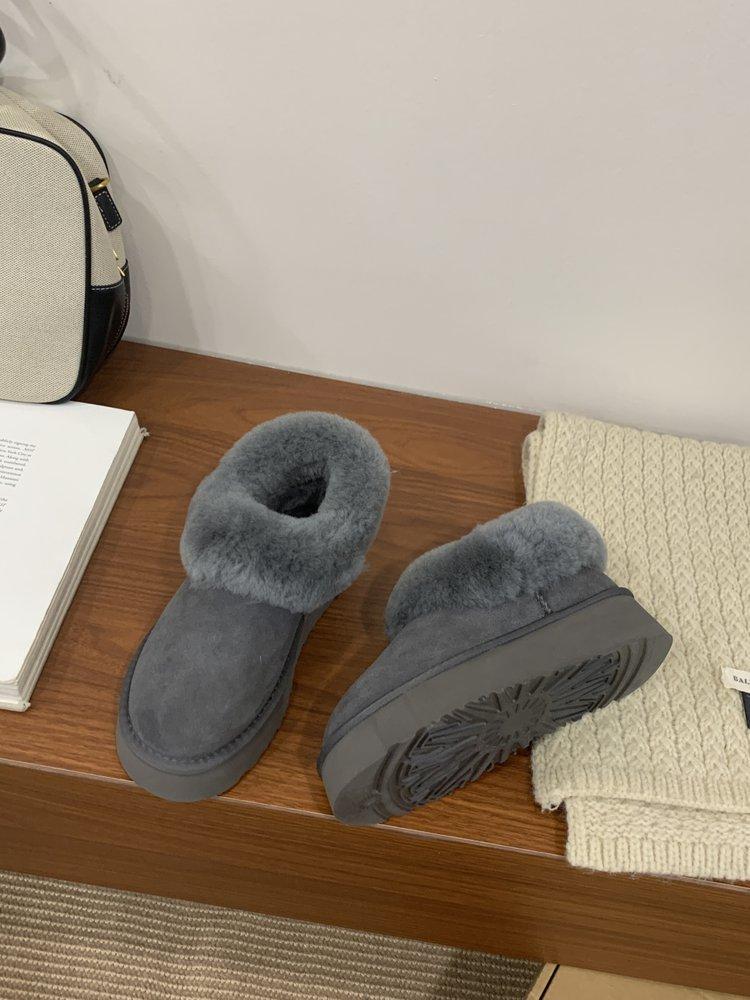 Leather thick-soled gray snow boots women's 2025 new winter fluffy shoes piled and thickened warm versatile cotton shoes
