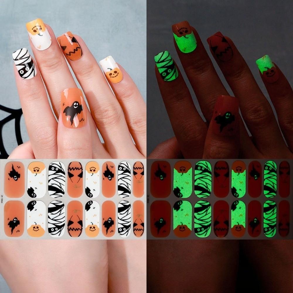 Bloodstain Halloween Luminous Nail Sticker Pumpkin 16 Fingers Set Nail Polish Sticker Beauty Care