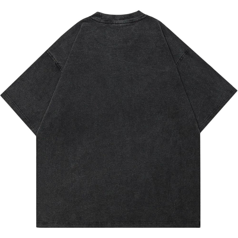Men Washed Black T-Shirt Streetwear Flaming Eye Graphic Tee Shirt Unisex