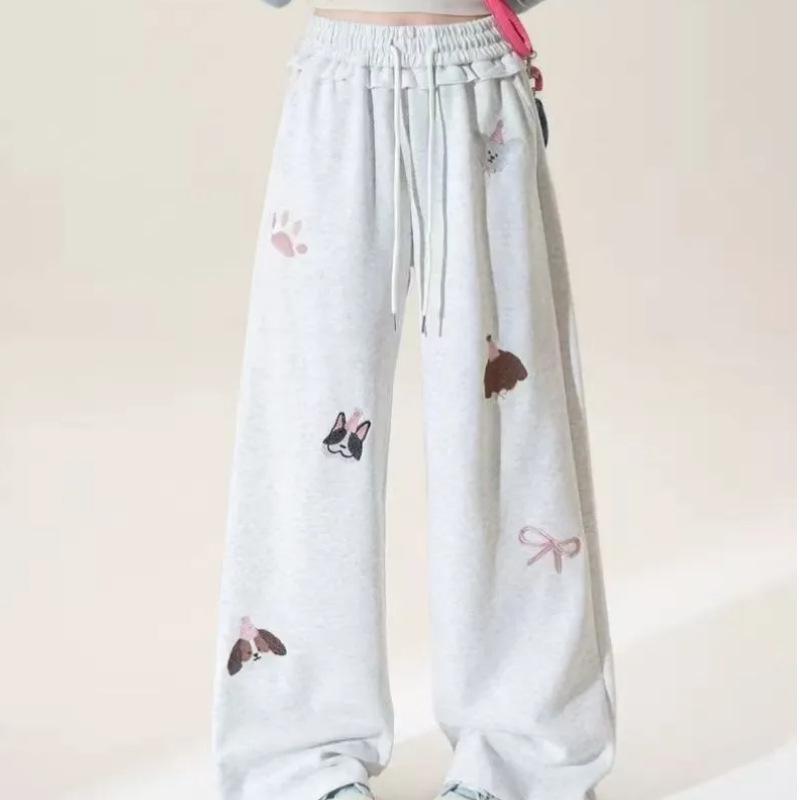 Princess Style Cartoon Embroidered Wide-Leg Drawstring Pants for Women