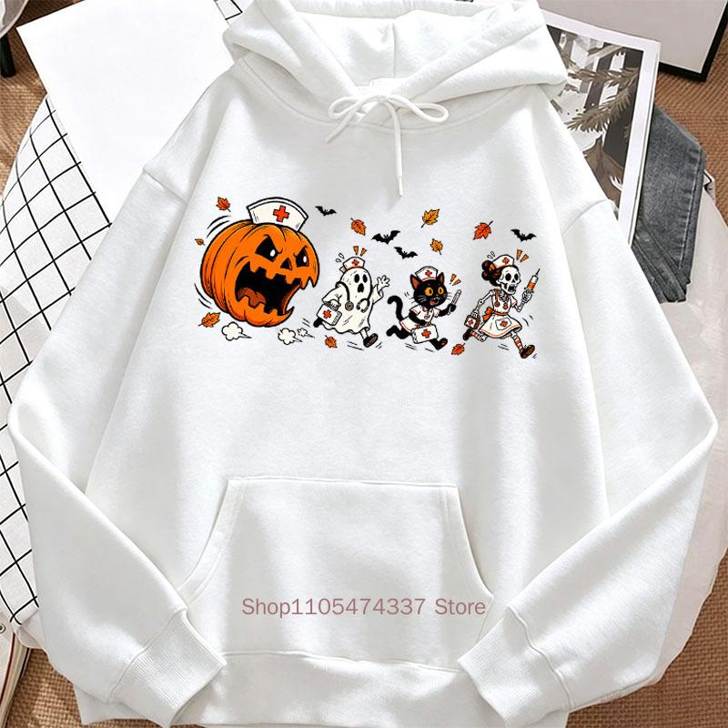 Retro Halloween Theme Hoodie Women Fall Winter Casual Fashion Funny Vintage High Quality Long Sleeve Fleece Pullover Sweatshirts
