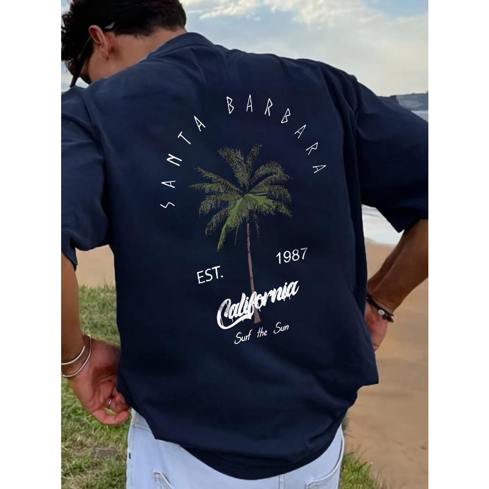 Men's Vacation Coconut Tree Letter Printed Comfortable Breathable Round Neck T-shirt Summer Outdoor Top