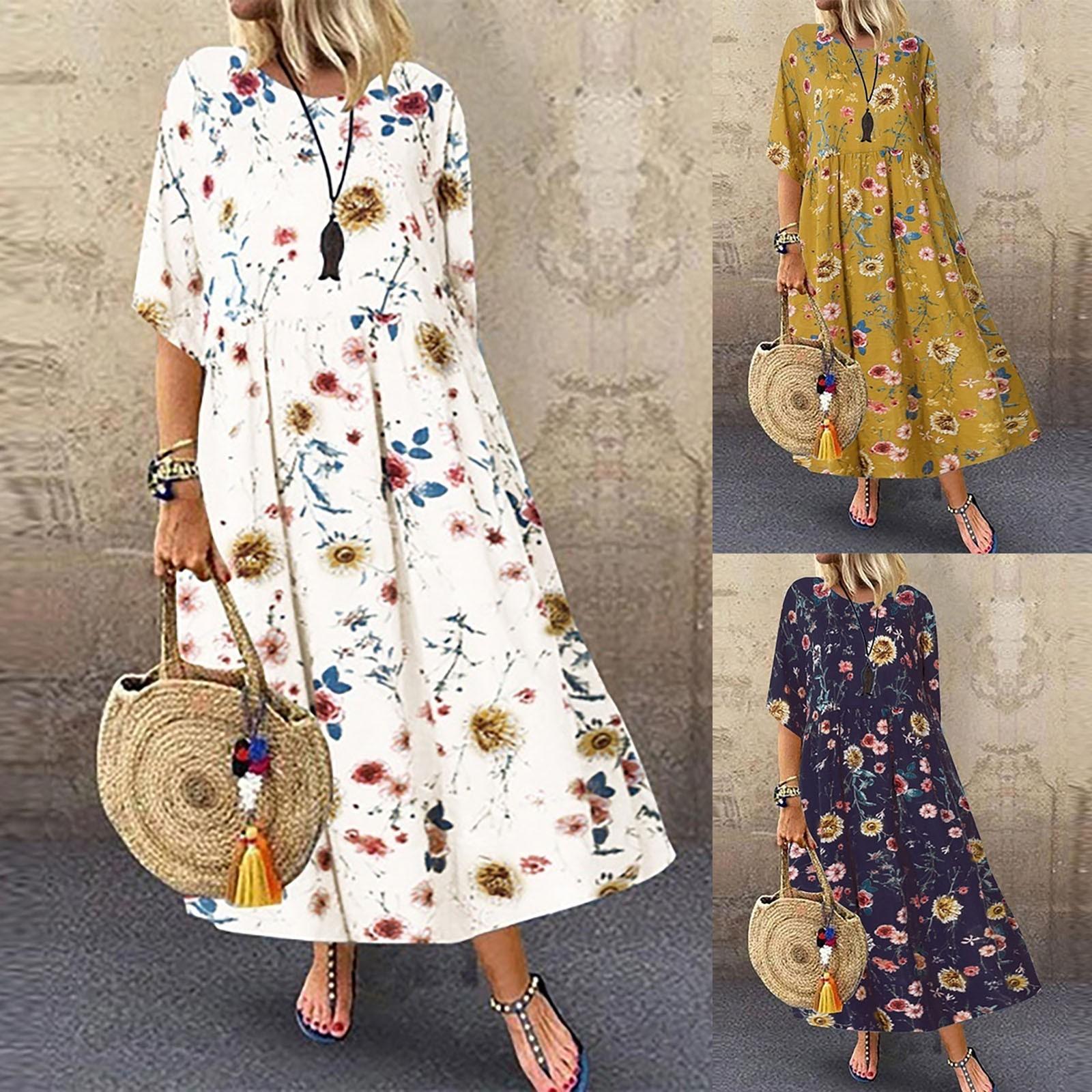 

New Summer Women s Fashion 3 / 4 Sleeve Vintage Floral Print Dress XXXXL жовтий