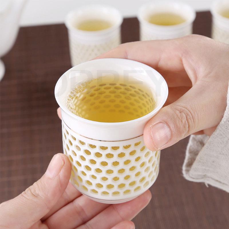 BORREY Ceramic Grain Porcelain Tea Set 1pot6Cups In Gift Box Ling Long Devil's Work Floral Kung Fu Teapot Puer Oolong Tea Kettle