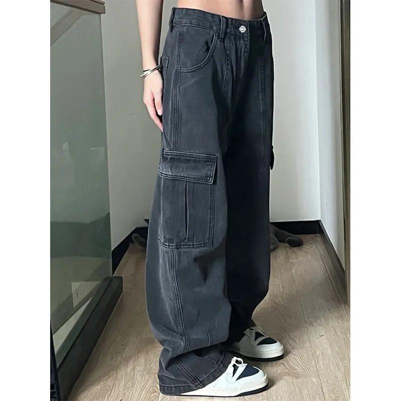 Womens Relaxed Fit Distressed Denim Cargo Pants High Waist Straight Leg Streetwear Trousers