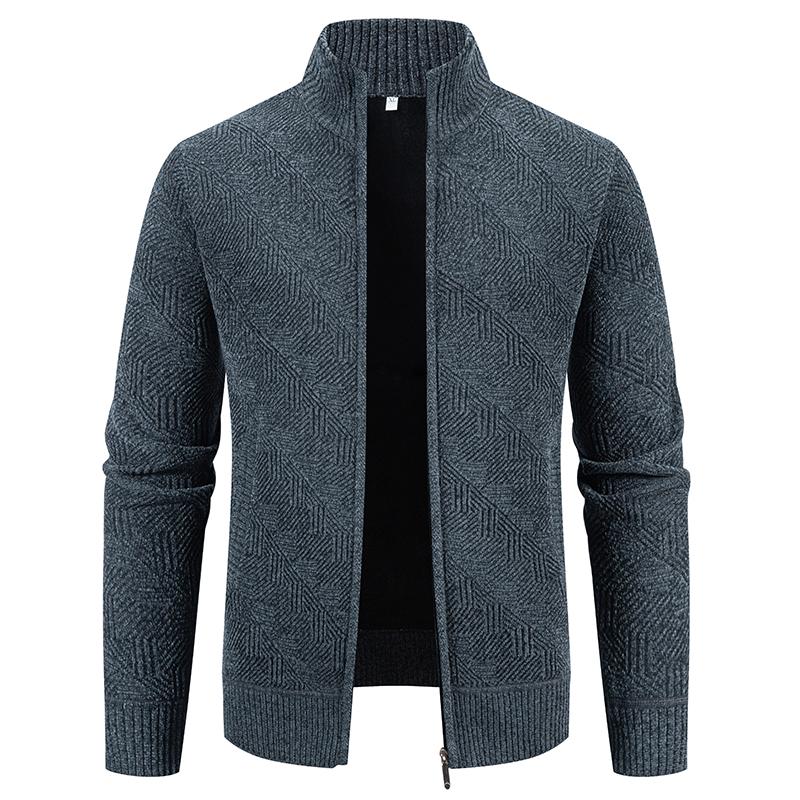 Men's Geometric Jacquard Knitted Cardigan Full Zip Stand Collar Sweater Jacket Autumn Winter Fleece Warm Knit Business Casual Outerwear