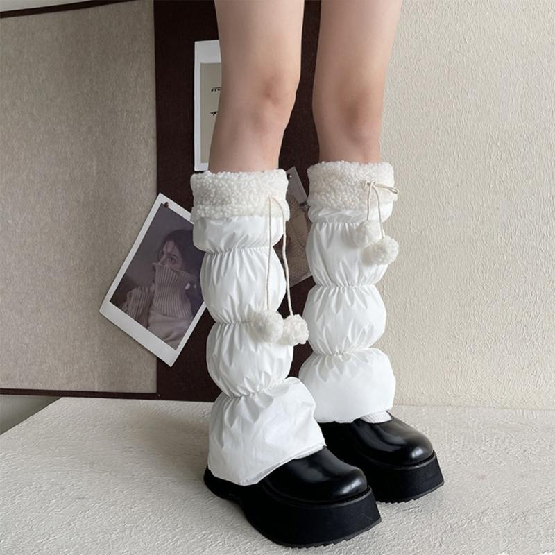 Lamb Fleece Trim Padded Puffer Leg Warmers with Cute Plush Balls for Women Warm Thermal Quilted Boot Cuffs Foot Covers