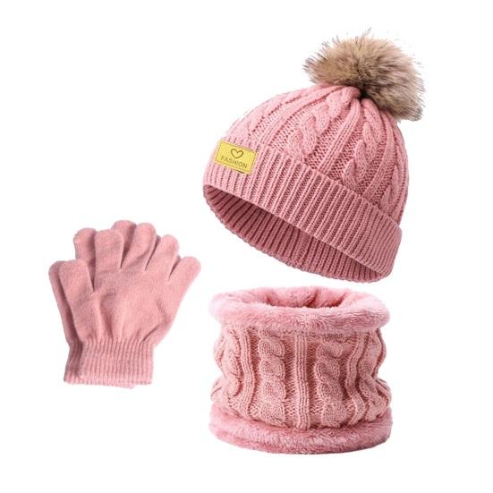 3Pcs/Set Kids Winter Hat Scarf Gloves Set Plush Ball Decor Twist Texture Brimless Hat Knitting Gloves Fleece Lining Neck Gaiter Set