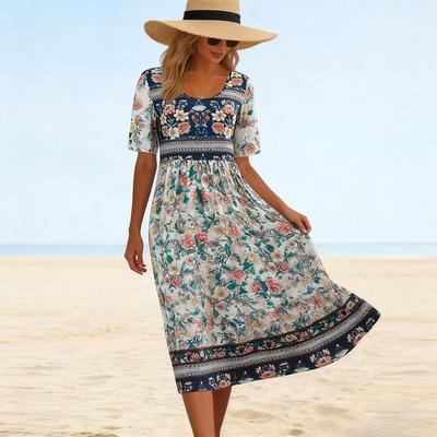 Vestito (nessuna marca) -Stampa floreale bohémien, lunghezza a metà polpaccio, stile casual estivo