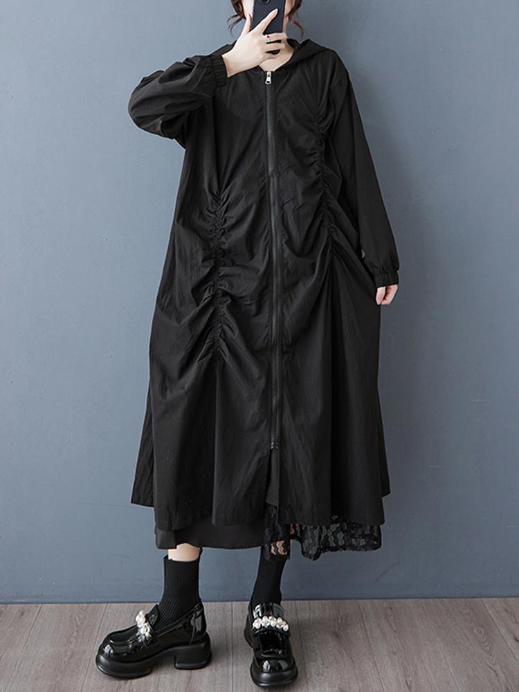 XITAO Zipper Hooded Pleated Dress ZY8936