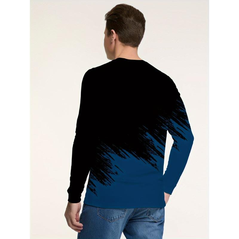 Spring and Autumn Round Neck 3D Color Block Printed Top Fashionable Casual Long Sleeved Men's T-shirts