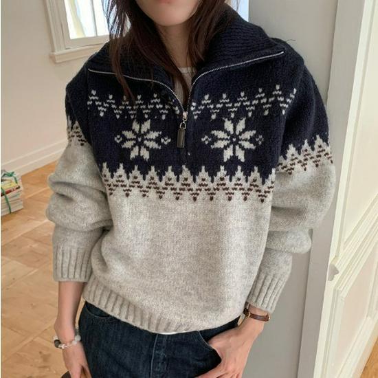 

Korean Style Half-Zip Fair Isle Women’s Retro Color Block Snowflake Sweater One Size (Fits 80-120 kg) сірий колір