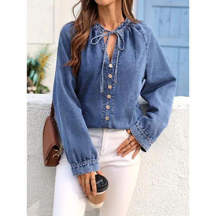 Plus Size Women s V-neck Casual Denim Jacket with Button Detail - Washed Blue 4XL
