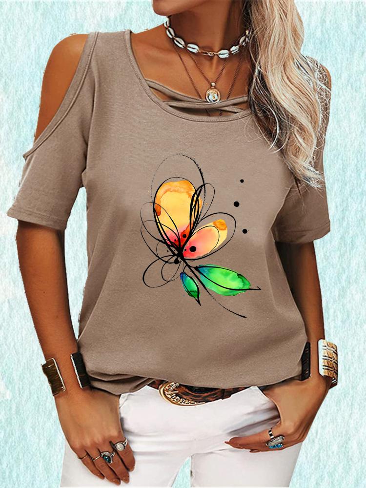 Off Shoulder Women Tee Shirt Casual Short Sleeve Top Round Neck T-shirt Summer Print Tee Shirt