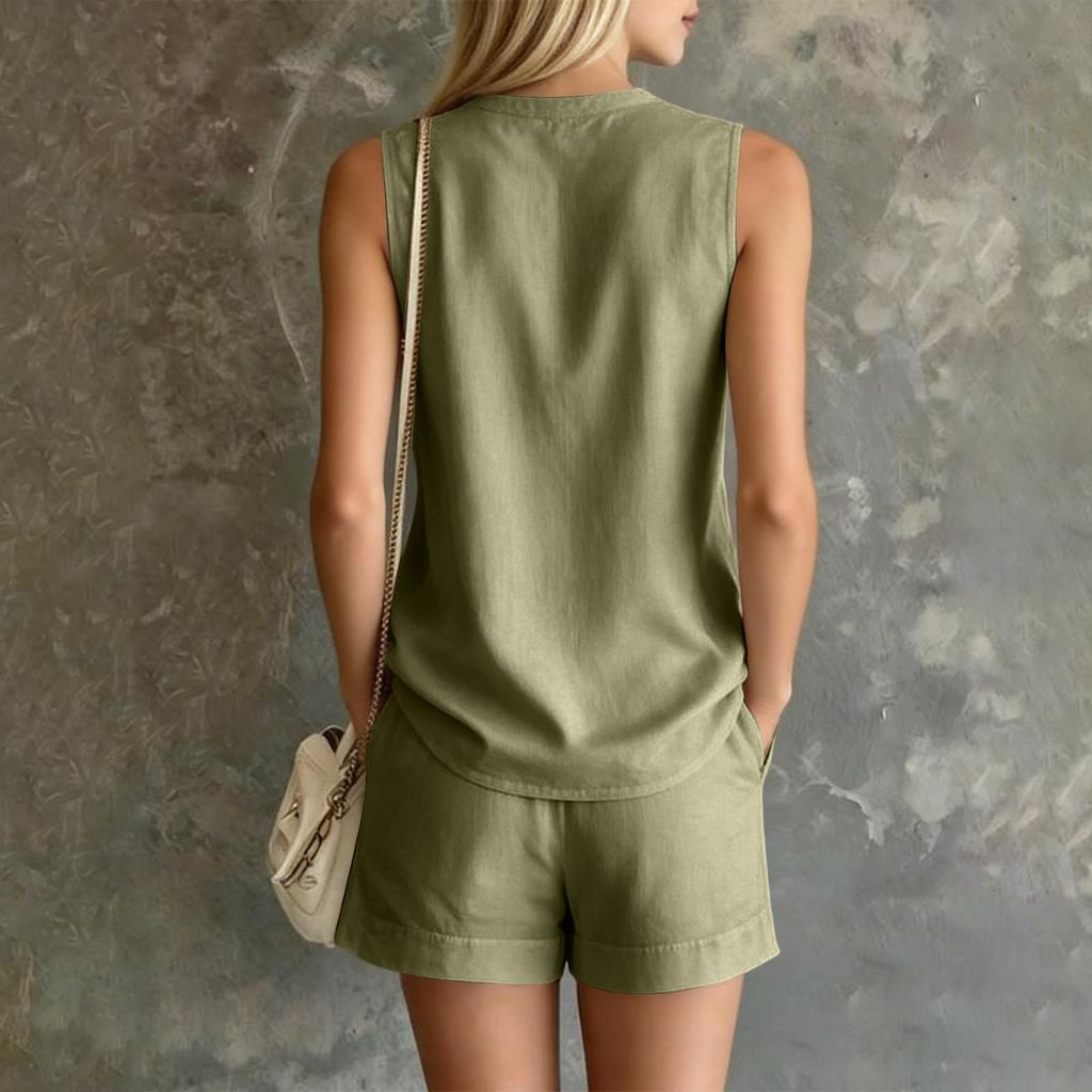 Women's Casual Two Piece Set Sleeveless V Neck Loose Fit Top with Shorts Summer Outfit Lightweight Breathable Fabric