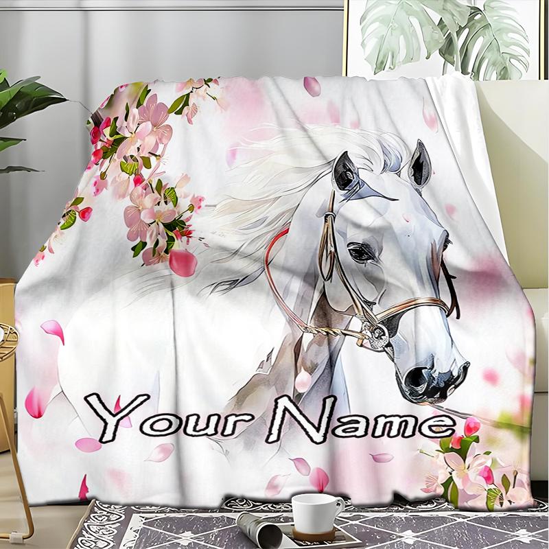 1PC Custom Name "Cherry Blossom Horse Dream" Outdooor Flannel Blankets Patterns Throw Blanket All-Season Soft Gift for Couch, Bed, Camping Gifts