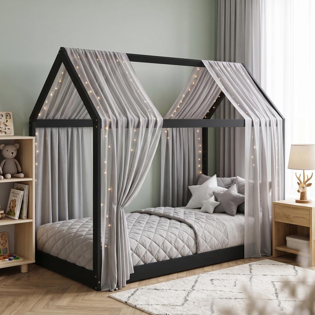 Single Bed Frame, House-Scandinavian-Style Wooden Bed Frame for 90W x 190D cm Mattress, Black