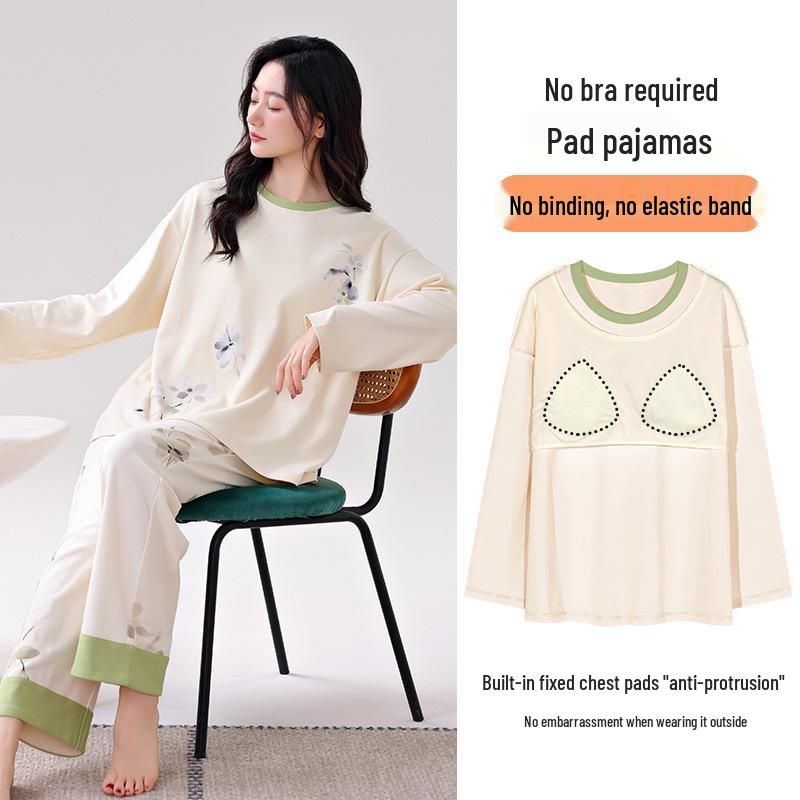 

Женский пижамный комплект из чистого хлопка премиум-класса с нагрудными подушечками - Лонгслив и брюки, корейский стиль XL [recommended 120-140 lbs]