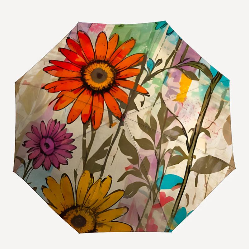 1pc Floral Artwork Automatic Folding Umbrella - Compact 8-Rib Design, Durable Plastic & Iron, Festive Gift, Compact Umbrellan003