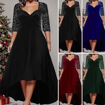 Lady Dress Low-cut V Neck Plus Size Plus Size Big Hem A-line Half Sexy Sleeve Shiny Sequin Patchwork Irregular