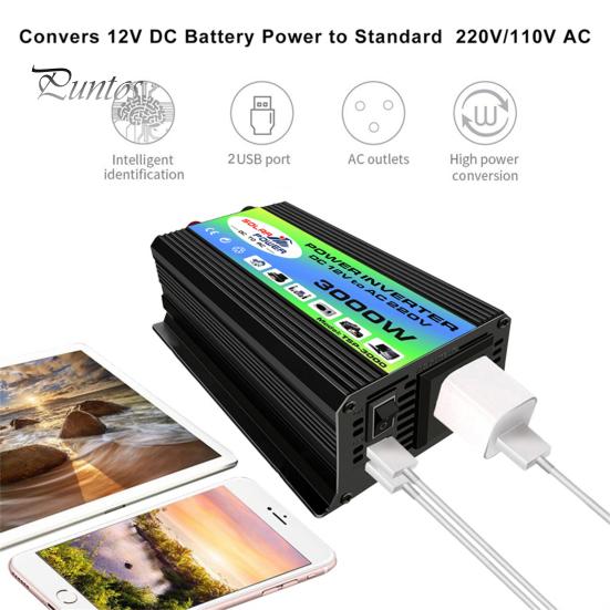 Car Inverter 1 Set Power 3000W Peak Solar Fast Charging Dual USB Ports Auto Equipment Intelligent Transformer Universal DC 12V to AC 220V/110V