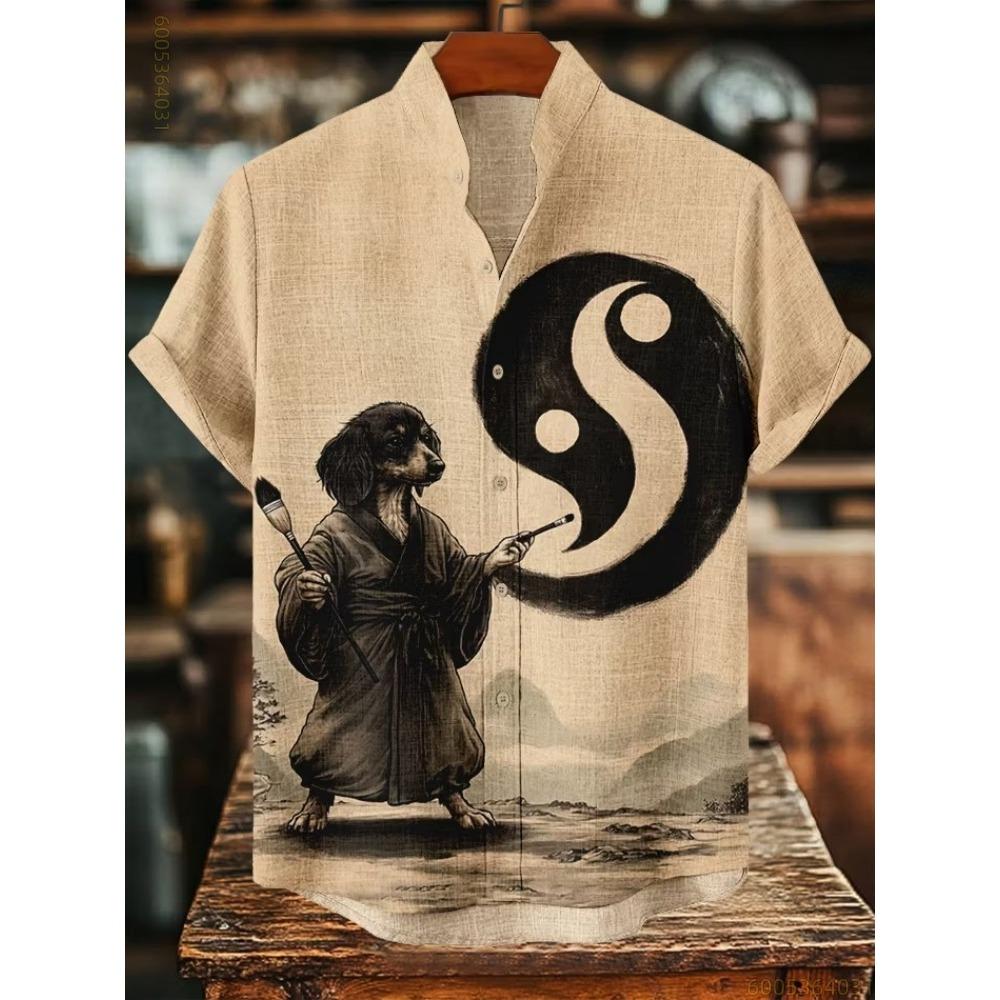 Herren Kurzarmhemd mit Schwarz-Katzen- und Blau-Drachen-Print, Geeignet für Strandurlaube, Partys und Bequemes Tragen.