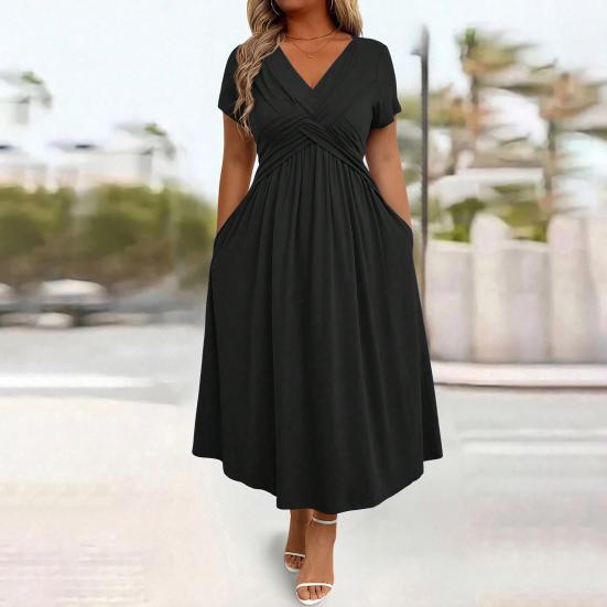 Robe Mi-longue Décontractée d'Été pour Femme Robe évasée à manches courtes et col en V avec torsade sur le devant Robe longue fluide ligne A pour vacances à la plage