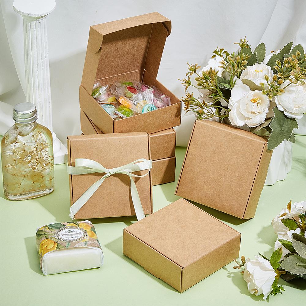 50pcs Foldable Square Paper Storage Gift Boxes Paper Packaging Cases BurlyWood 9.5x9.5x3.5cm