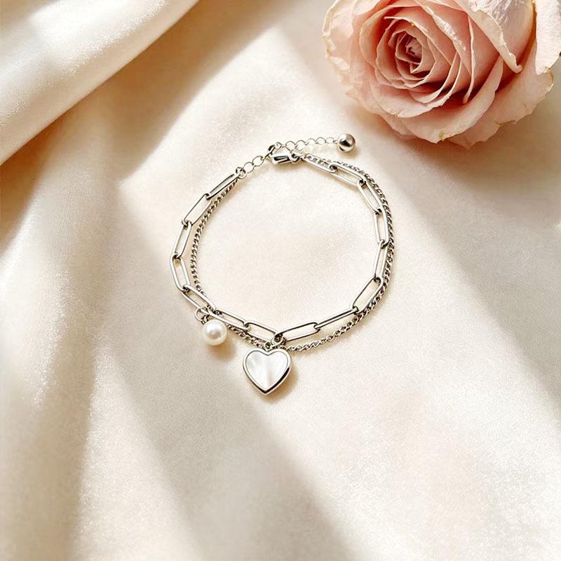European & American Double Layer Heart Shell Pearl Titanium Bracelet - Colorfast Stainless Steel, Light Luxury Jewelry