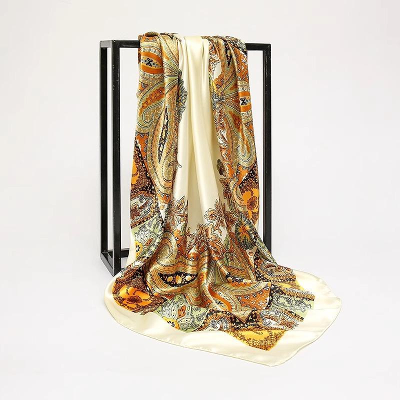 S 90*90Cm Square Silk Scarves Women Hijab Shawls Fashion Print Femme Head Scarf Foulard Bandana Beach Pareo