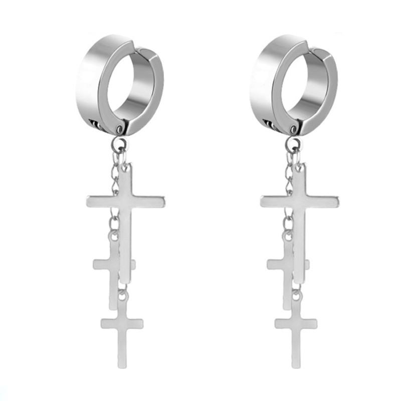 WKOUD 2PCS Stainless Steel No Piercing Cross For Men Kpop Clip On Cross Earring Gothic Punk Fake Ear Cuff Cross Earring Dangle