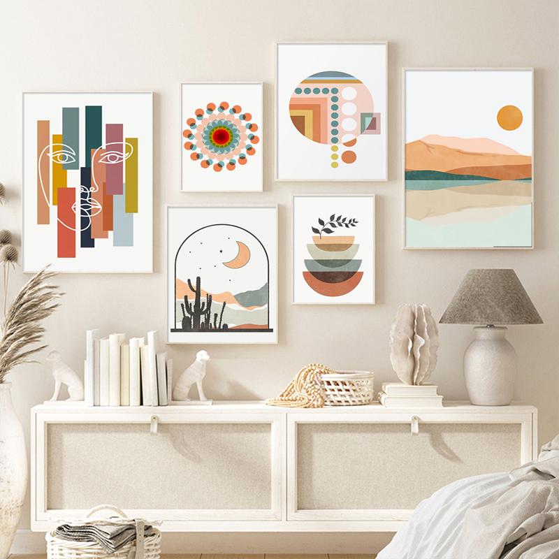 Bohemian Sun Decorative Painting Abstract Line Plant Poster Geometric Patterns Wall Art Canvas Painting For Living Room Decor