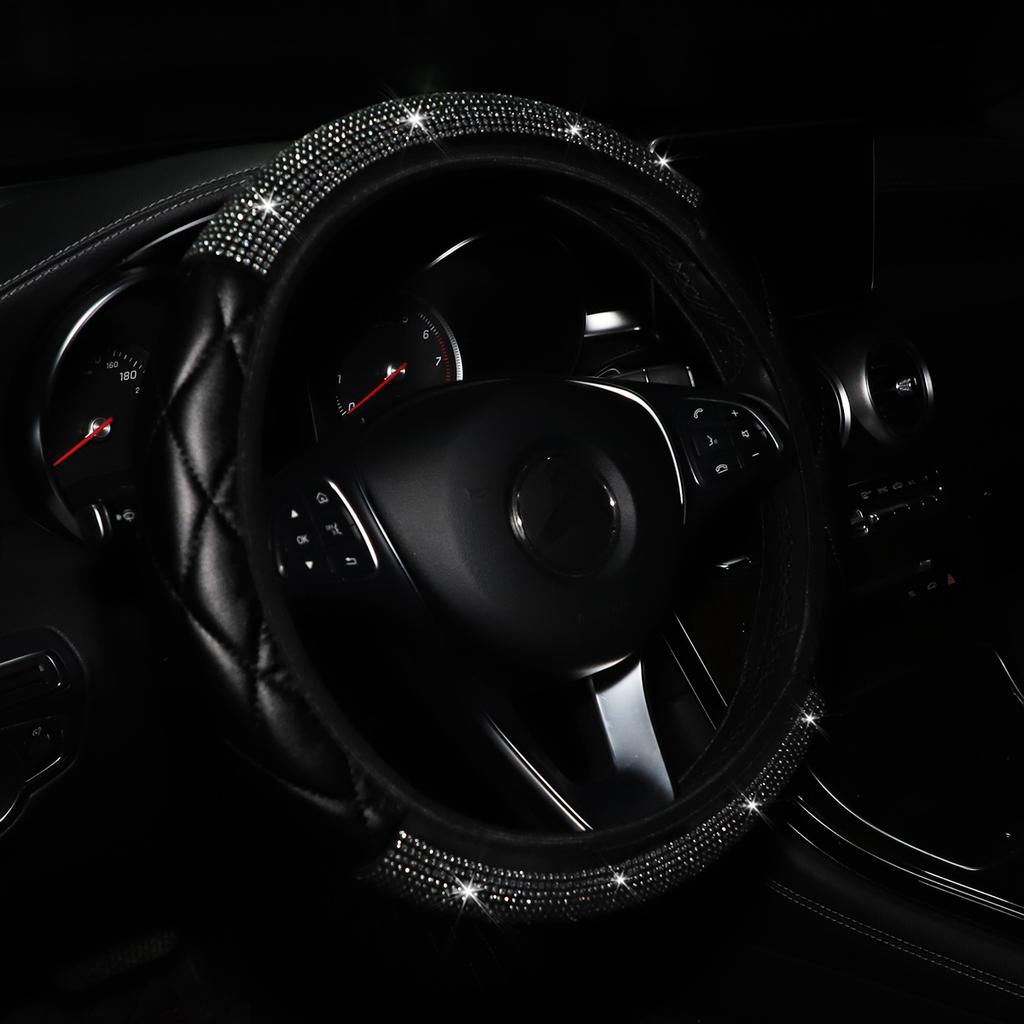 1 Faux-sheepskin Diamond Blingbling Black Auto Supplies Steering Wheel Cover Without Inner Ring Fits 14.5-15 Inches