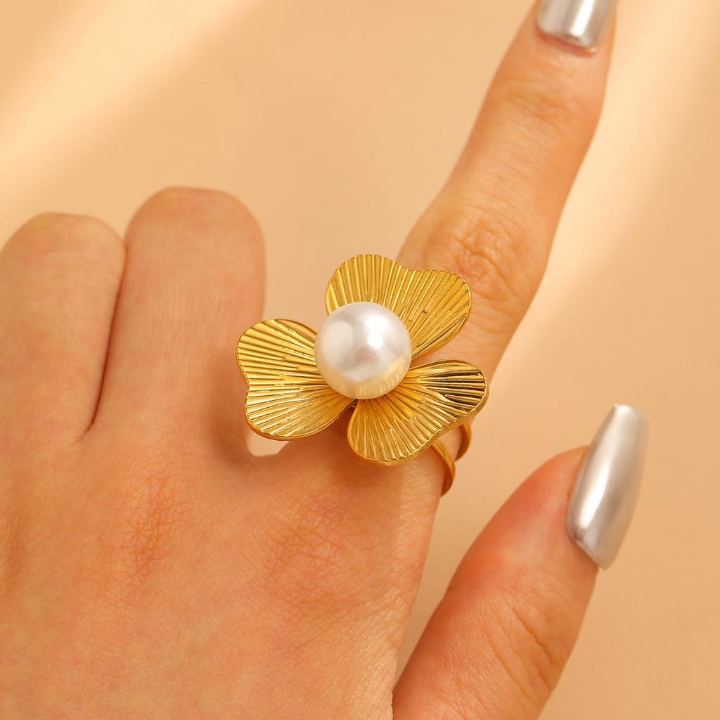 Stainless Steel Classic Flower Leaf Ring Pearl Stacked Ring Large Exaggerated Ring Women Gold Color Fine Jewelry Gifts for Her